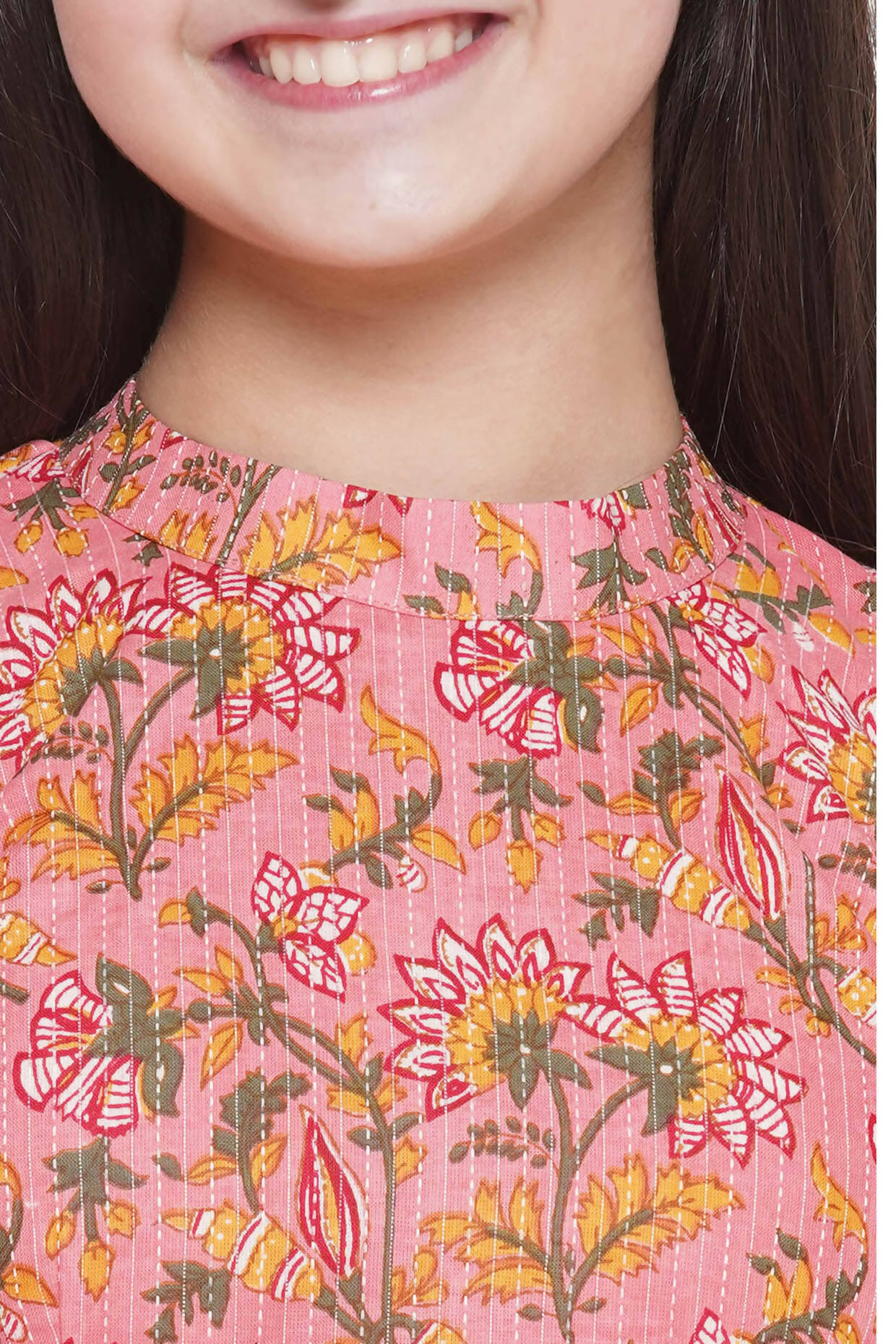 Little Bansi Floral Print Ready To Wear Saree And Floral Blouse - Coral | Swadesiicart