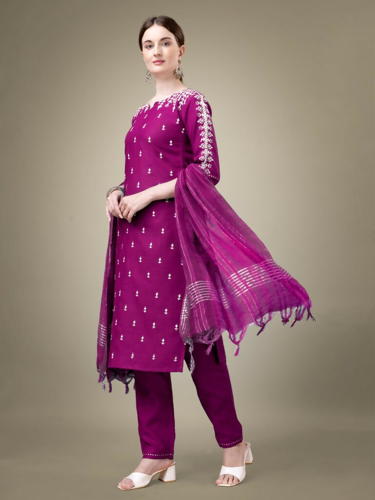 Jyoti Fashion Women's Purple Cotton Blend Embroidery & Sequence work Kurta with Trouser & Dupatta | Swadesiicart