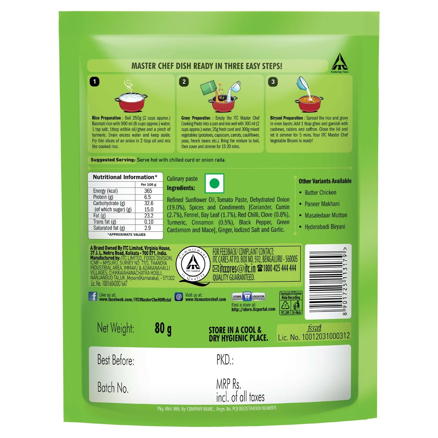 ITC Master Chef Vegetable Biryani Cooking Paste - Swadesiicart