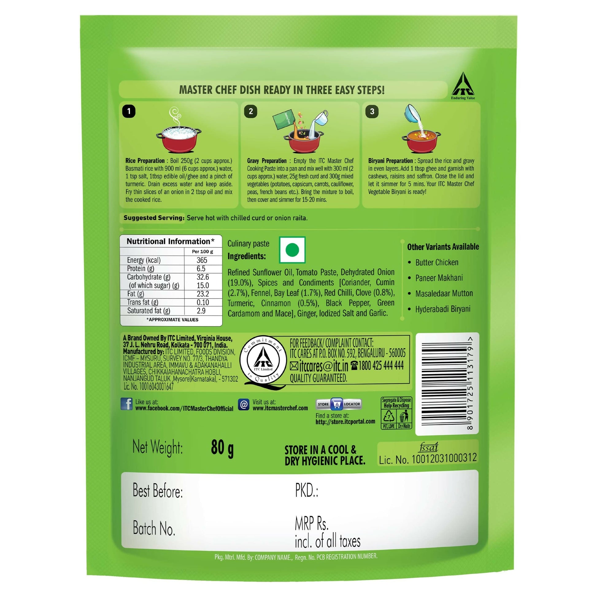 ITC Master Chef Vegetable Biryani Cooking Paste - Swadesiicart