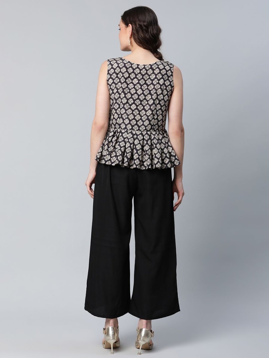Ahalyaa Women Black Crepe Digital Printed Top with Palazzo Set | Swadesiicart