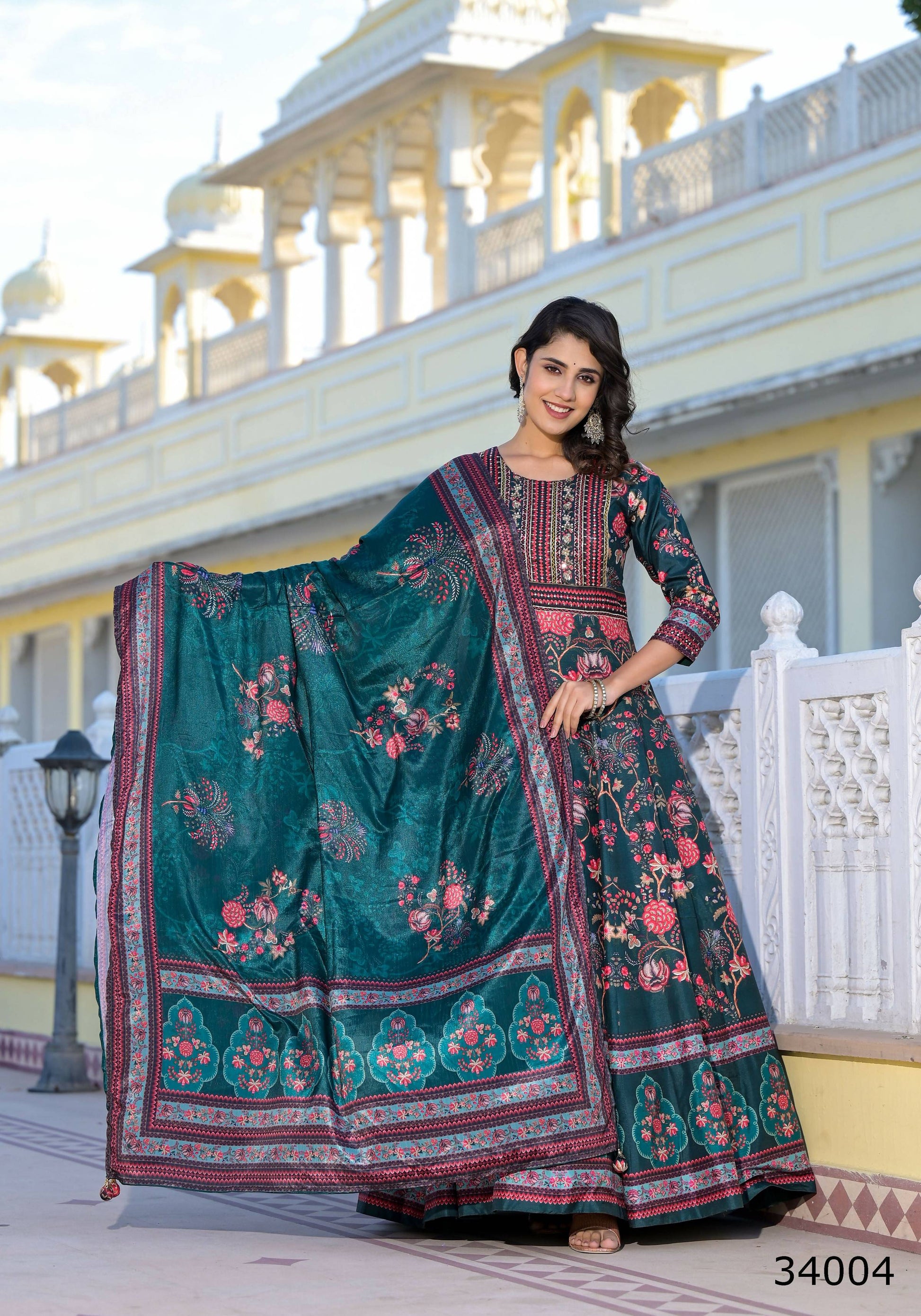 Partywear Designer Green Dola Silk Anarkali suit with Dupatta - Suzen - Swadesiicart