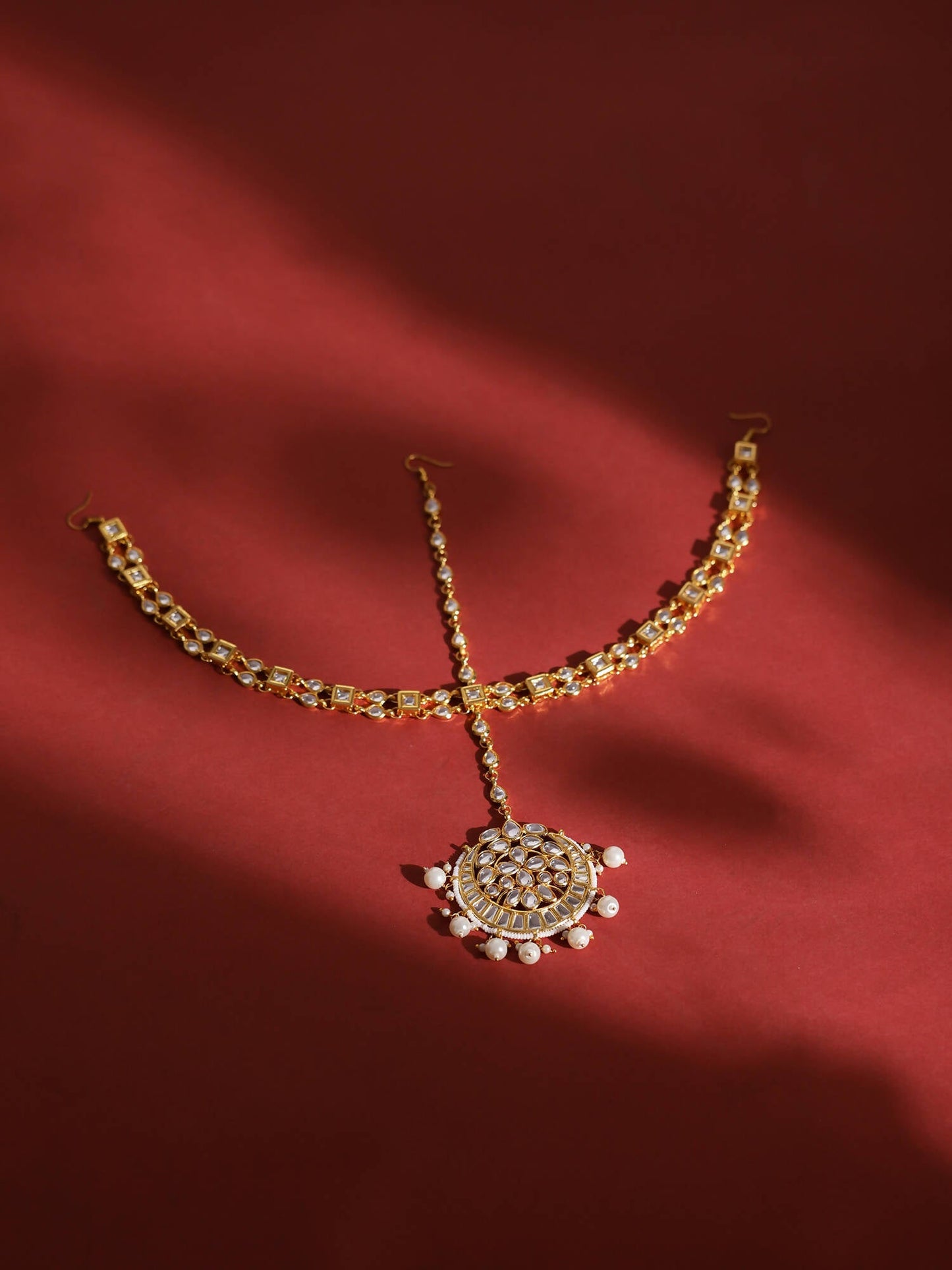 Gold-Polished White Kundan-Studded Pearl Beaded Matha Patti - Ruby Raang | Swadesiicart
