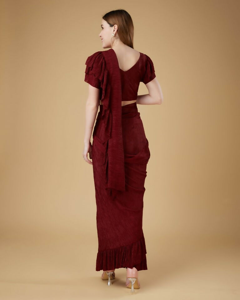 Maroon Imported Crush Solid Ready to Wear Saree with stitched Blouse - Aayan | Swadesiicart