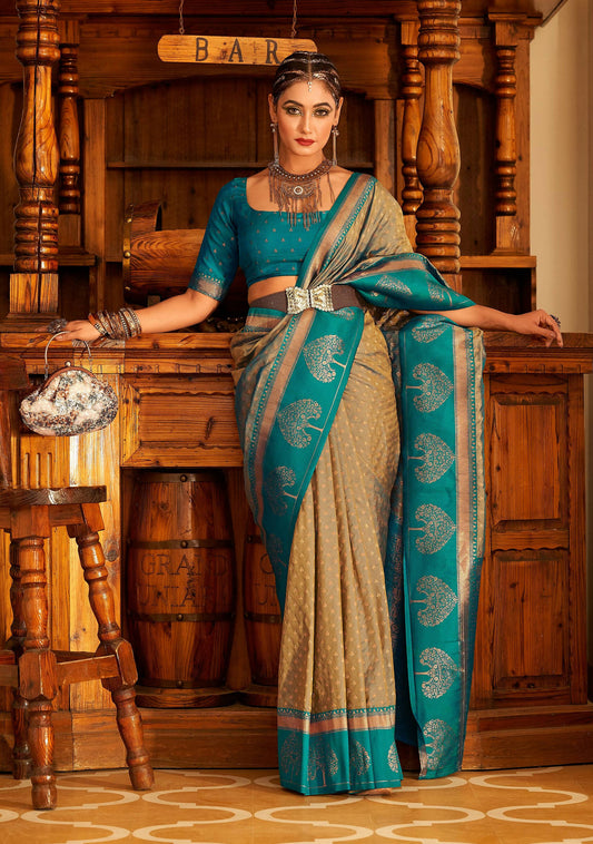 Beige Soft Banarasi Paithani Copper Zari Weaving Saree With Unstitched Blouse Piece - Jodha | Swadesiicart