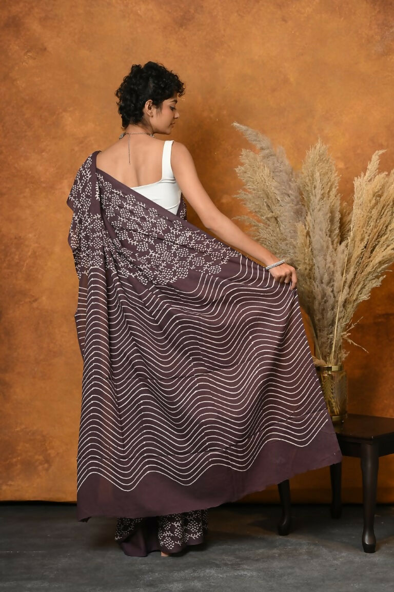Very Much Indian Handblock Printed Cotton Saree With Natural Dyes - Brown | Swadesiicart