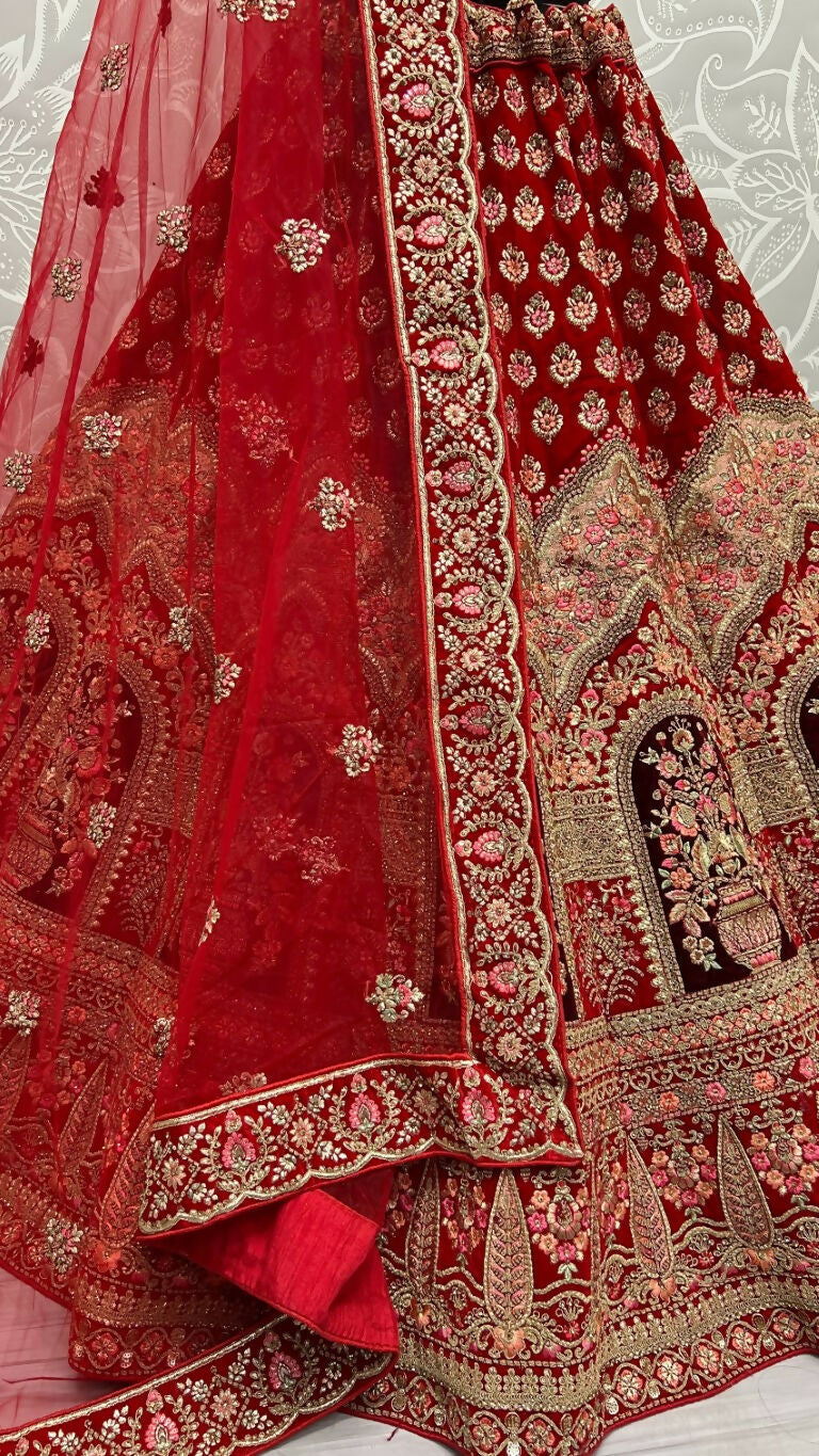 Jyoti Fashion Women's Red Velvet Multi Thread Embroidered with Zircon Diamond Wedding Lehenga Choli | Swadesiicart