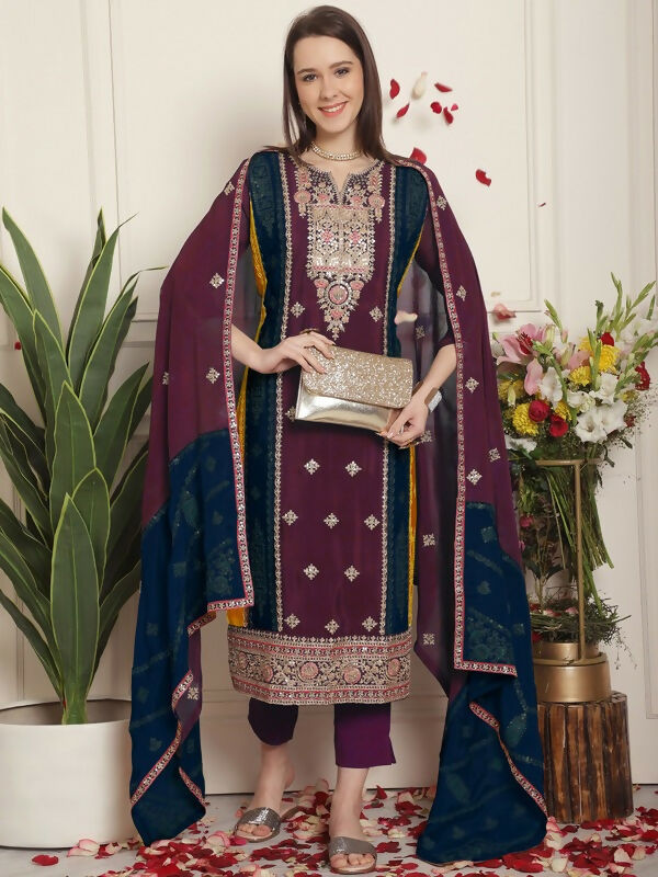 Jyoti Fashion Women's Magenta Chinon Chiffon Embroidered Designer Straight Suit Set | Swadesiicart