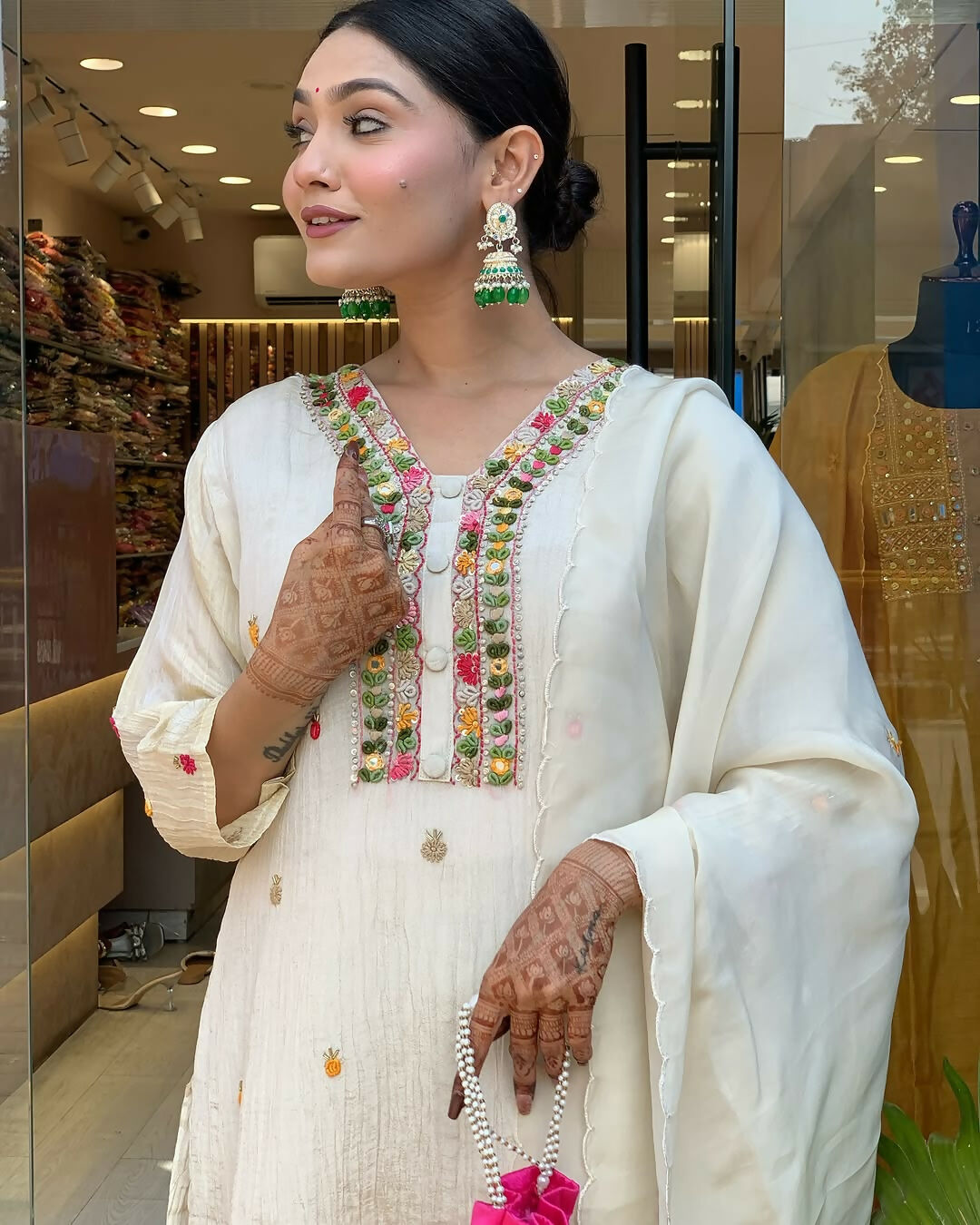 The52 Off White Women's Gorgeous Chinon Fabric Embroidered Work Straight Kurta Pant and Dupatta Set - Swadesiicart