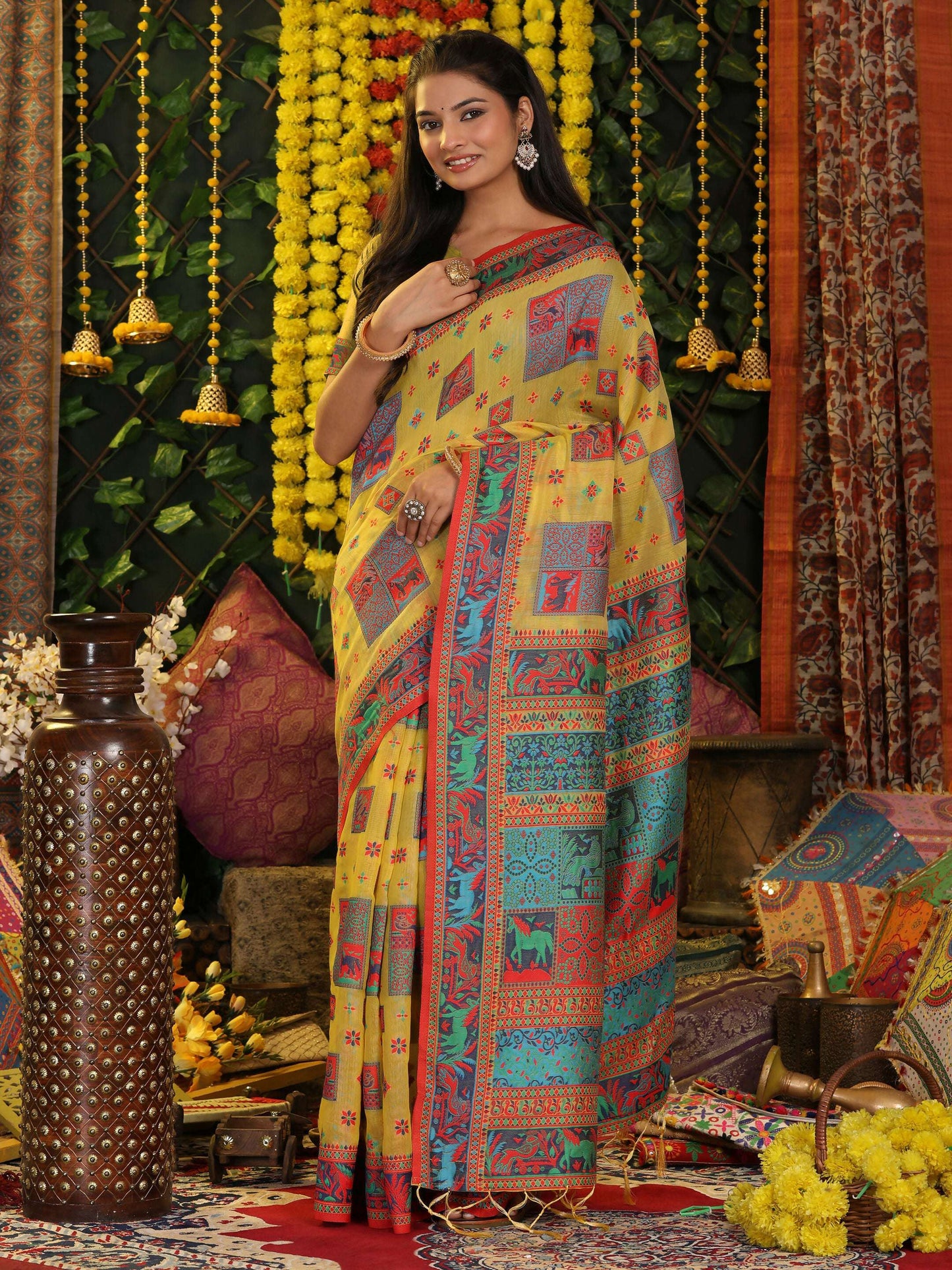 Shree Shyam Fashion Linen Cotton Yellow Saree