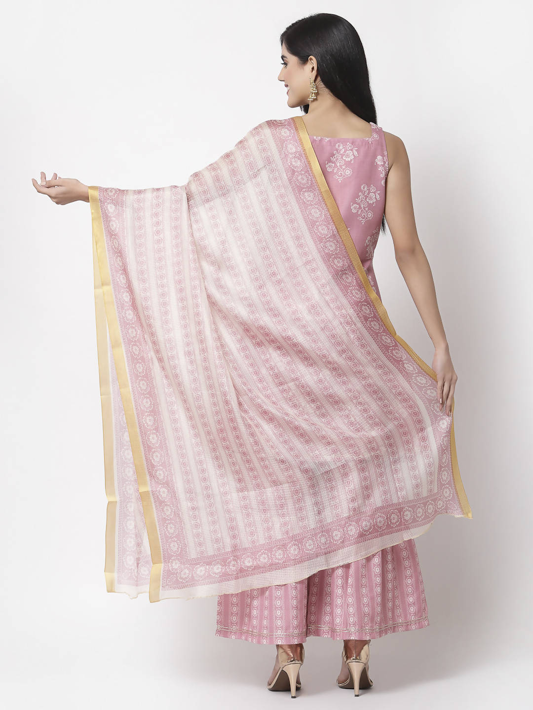 Myshka Women Peach Cotton Blend Printed Sleeveless Shoulder Straps Kurta With Sharara & Dupatta Set | Swadesiicart