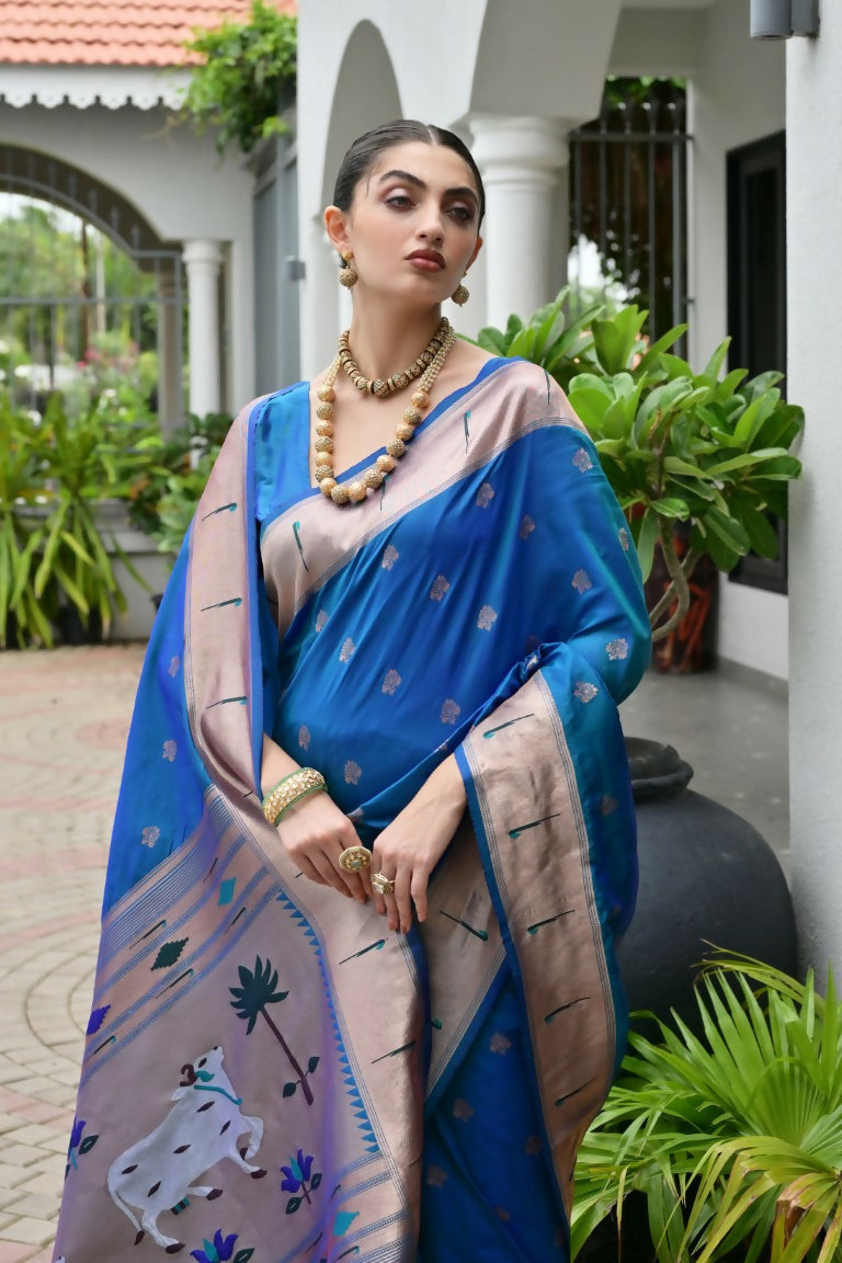 Vishnu Weaves Women's Rama Paithani Silk Zari Woven Saree with Blouse - Swadesiicart