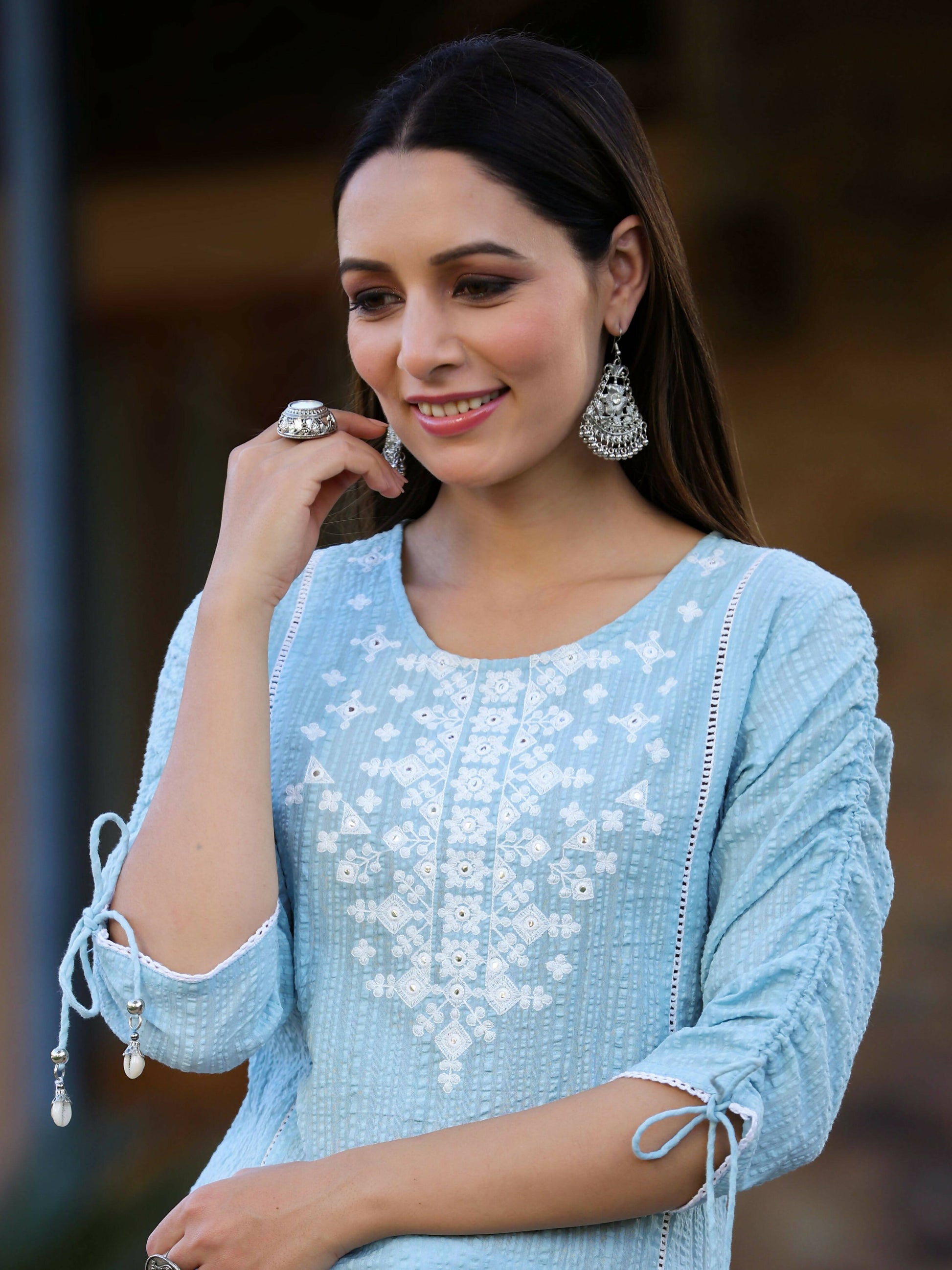 Juniper Women's Blue Sheer Sucker Embroidered Straight Kurta | Swadesiicart