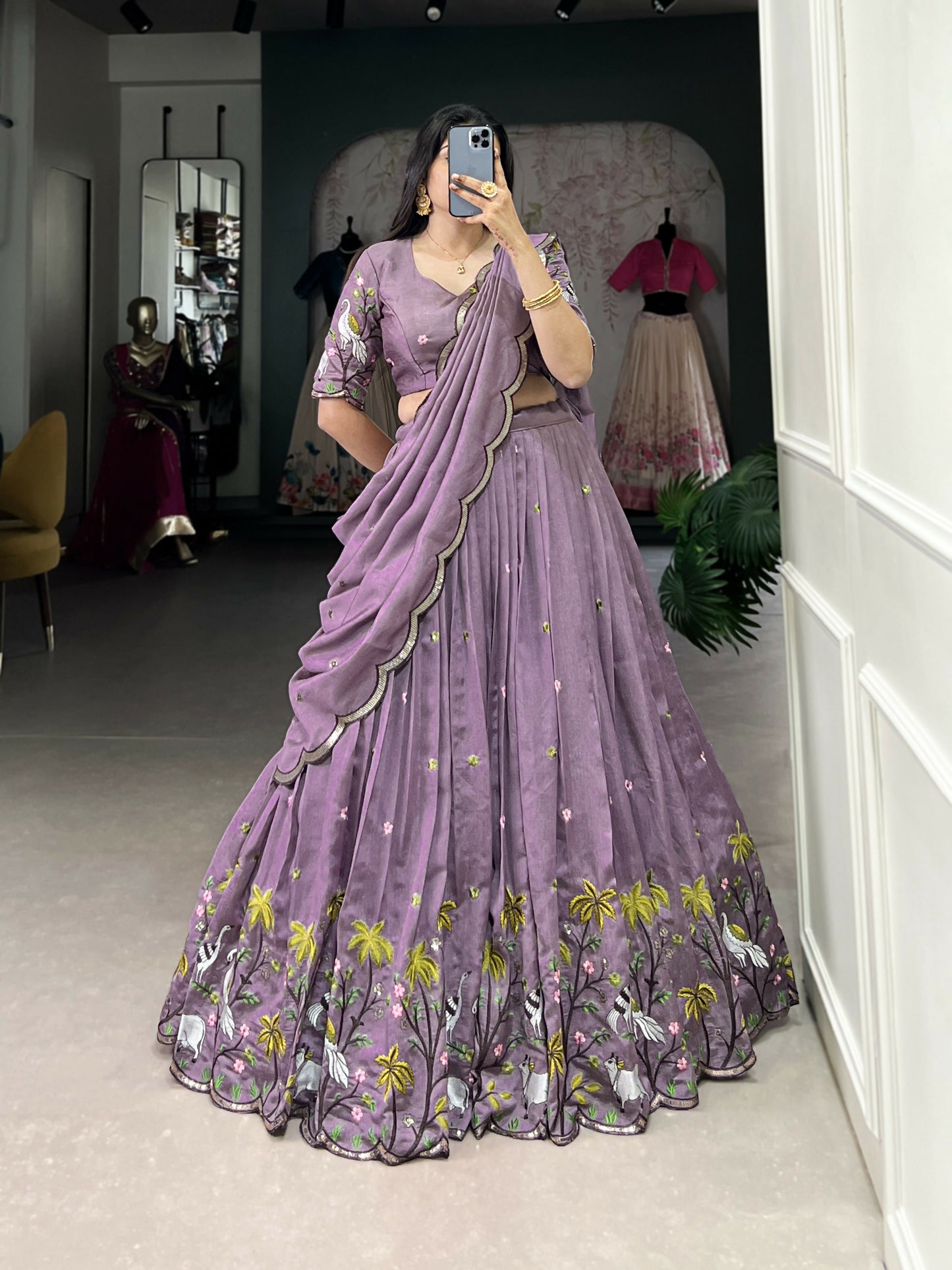 Lorenvalley Lavender Vichitra Simmer Sequins and Thread Embroidery Work Lehenga Choli | Swadesiicart