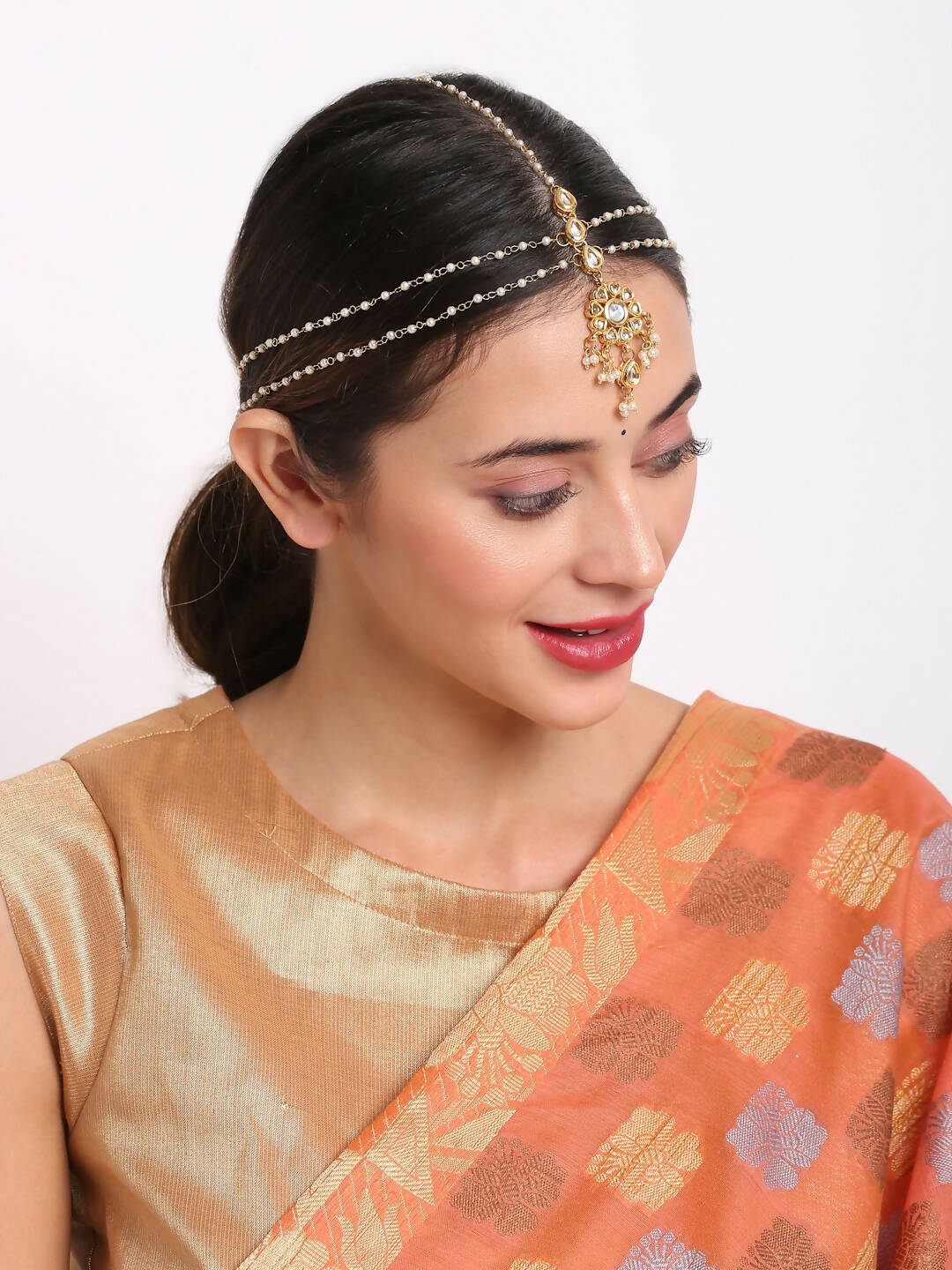 Gold-Polished White Kundan Studded Matha Patti - Ruby Raang | Swadesiicart