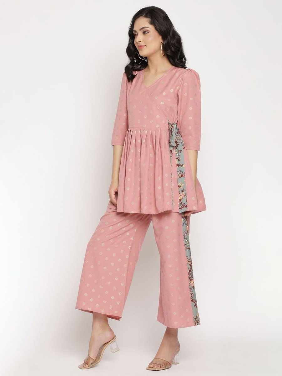 Ahalyaa Pink Ethnic Motifs Printed Angrakha Kurti With Palazzos For Women | Swadesiicart