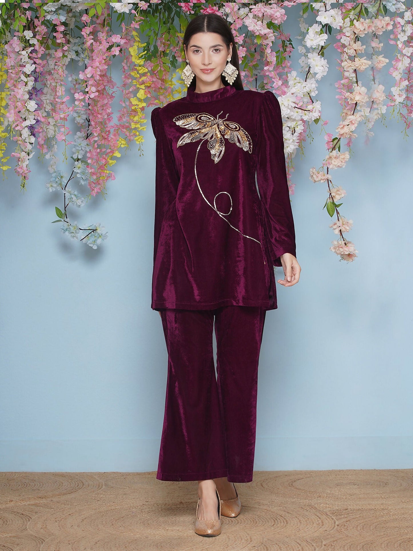 Joban Fashion Wine Velvet Hand Embellished Coord Set - Swadesiicart