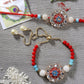NVR Women & Men Set of 2 Red-colored Stone-Studded & Beaded Bhaiya Bhabhi Rakhi With Roli Chawal | Swadesiicart