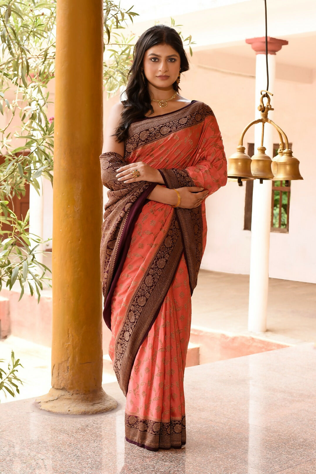 Joban Fashion Coral Crepe Chiffon Pure Handloom Banarasi Silk Saree | Swadesiicart