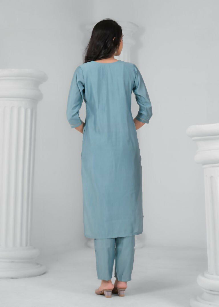 Ethnic Festive Wear Chanderi Viscose Sky Stitched Suit With Dupatta - Tanisha | Swadesiicart