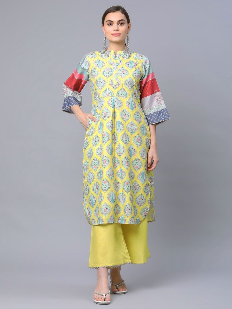 Ahalyaa Women's Yellow Pure Blend Digital Printed Kurta Palazzo Set | Swadesiicart