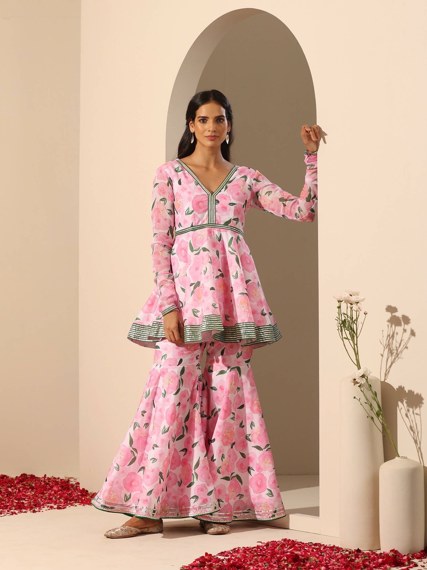 Pomcha Jaipur Pink Gul Rozi Sharara Set | Swadesiicart