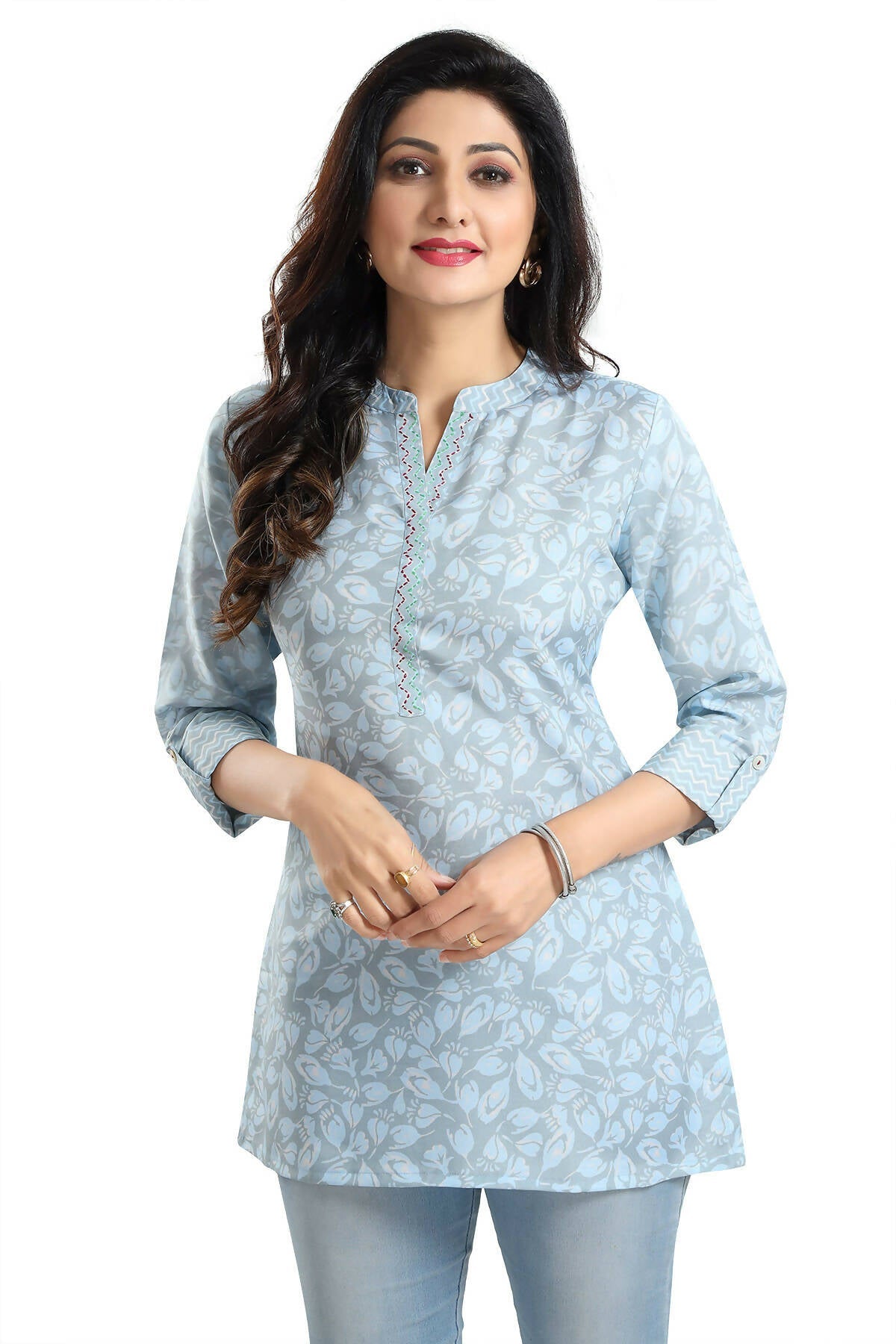 Snehal Creations Pretty Pastel Blue Rayon Short Kurti Tunic Top - Swadesiicart