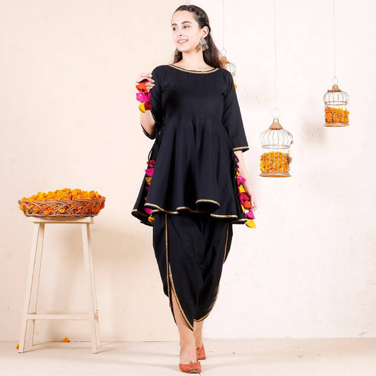 Cheera Black Dhoti Peplum Top Set With Multicolour Tassels (CH125KD) - Cheera