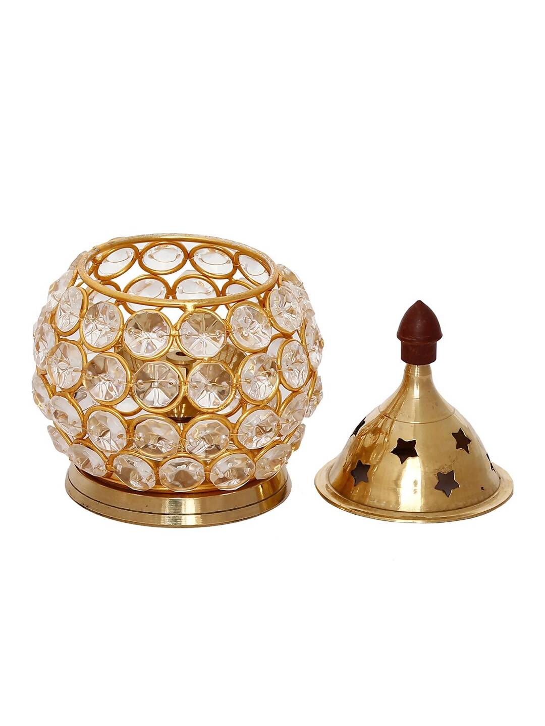 eCraftIndia Gold-Toned & Transparent Crystal & Brass Akhand Diya | Swadesiicart