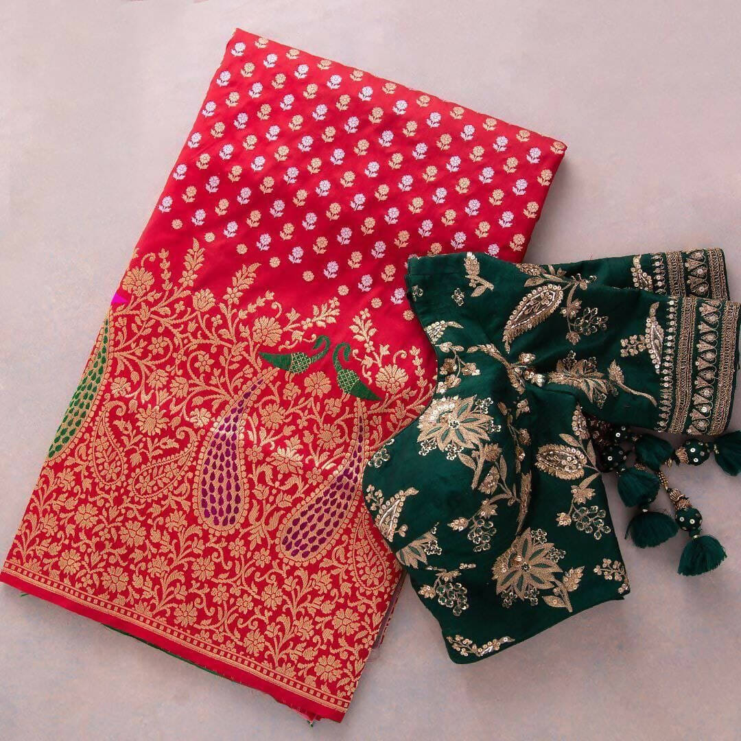 DEIANA'S Beautiful Designer Golden zari Soft Lichi Silk Saree - Red - Swadesiicart