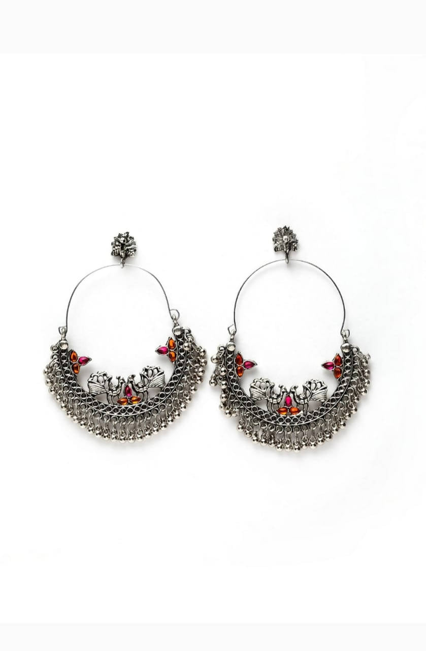 Mominos Fashion Silver-Plated Peacock Design Multi-Color Chandbali Earrings - Mominos Fashion