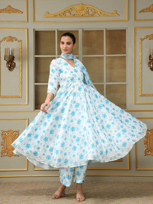 Pomcha Jaipur Blue Saadgi Blue Phool Anarkali Set | Swadesiicart