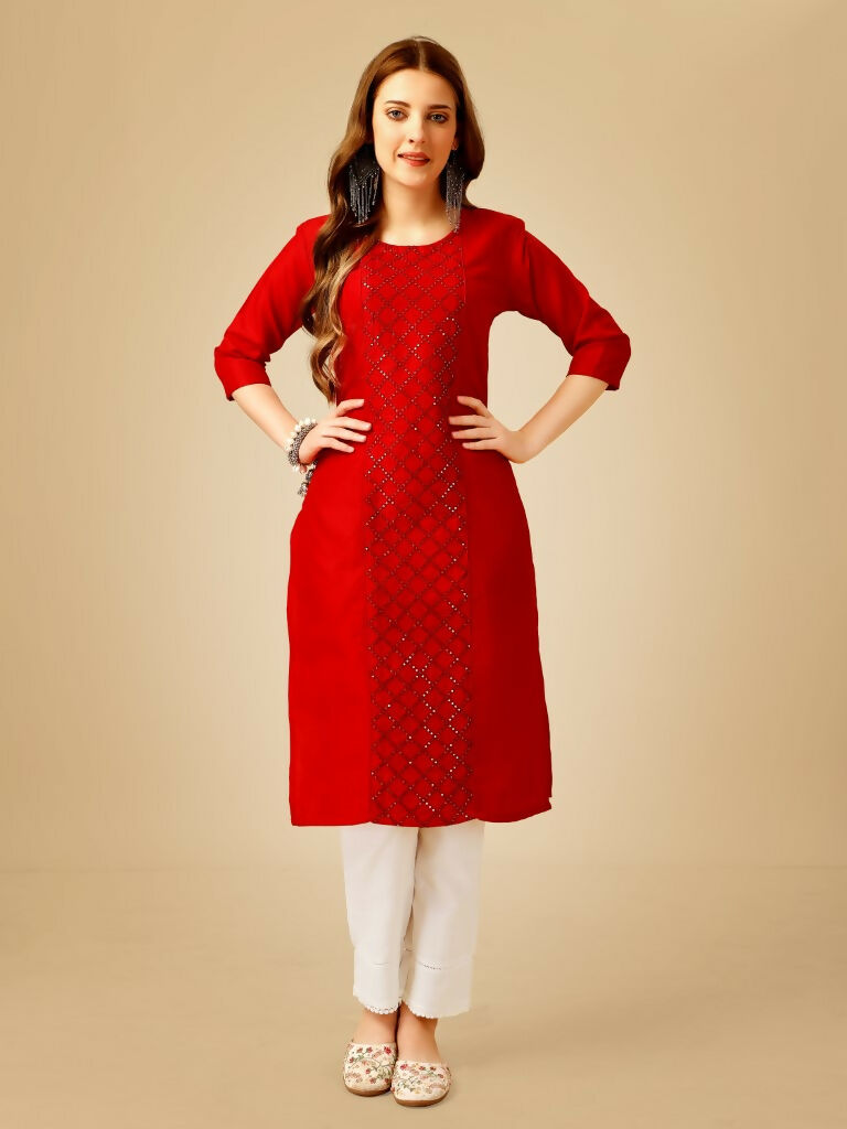 Jyoti Fashion Women's Red Cotton Blend Embroidered Kurta Pant Set | Swadesiicart