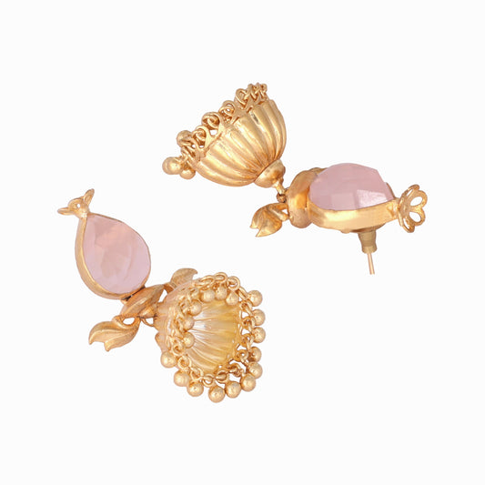Nuyug 22K Gold Plated Rose Quartz Stone Studded Ethnic Jhumkas | Swadesiicart