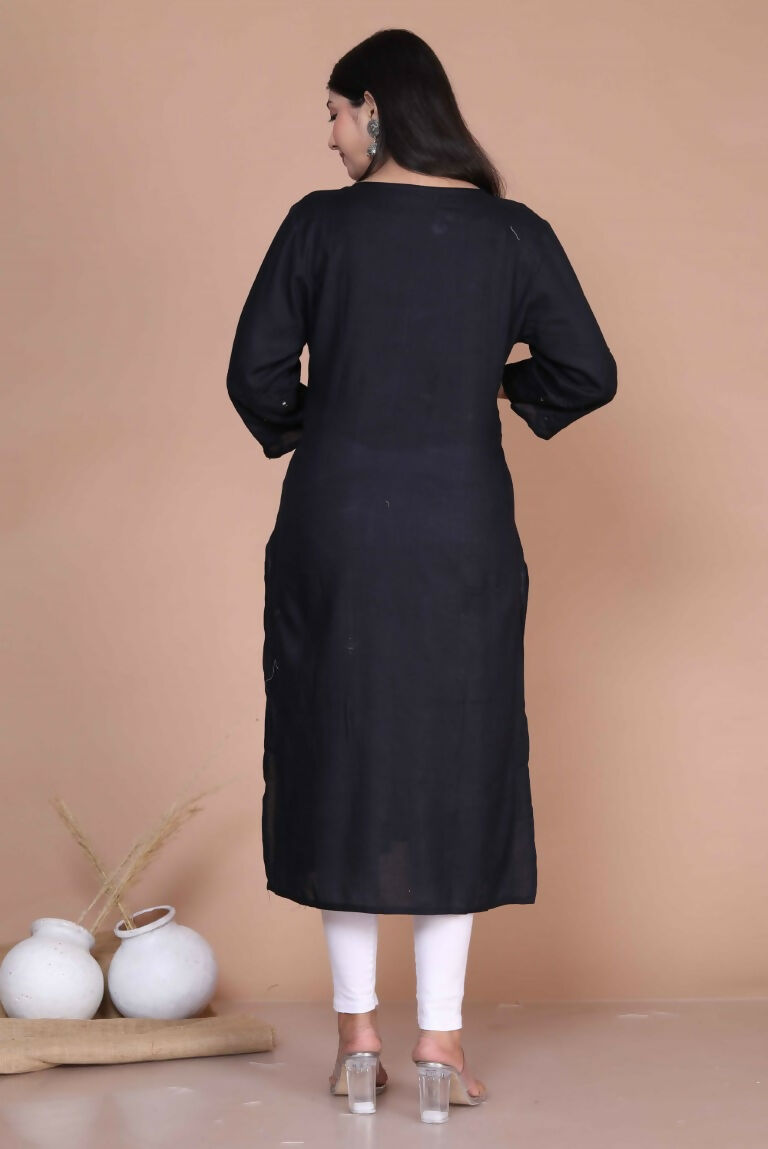 Miravan Women's Black Embroidered And Mirror Work Pakistani Straight Kurti - Swadesiicart