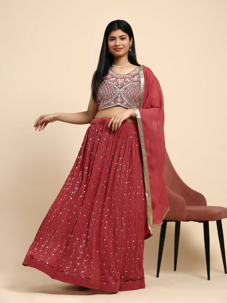 Red Georgette Embroidered Lehenga choli with Dupatta - Dhara | Swadesiicart