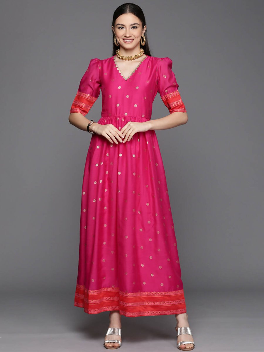 Ahalyaa Women's Pink Chanderi Gold Foil Print Dress | Swadesiicart