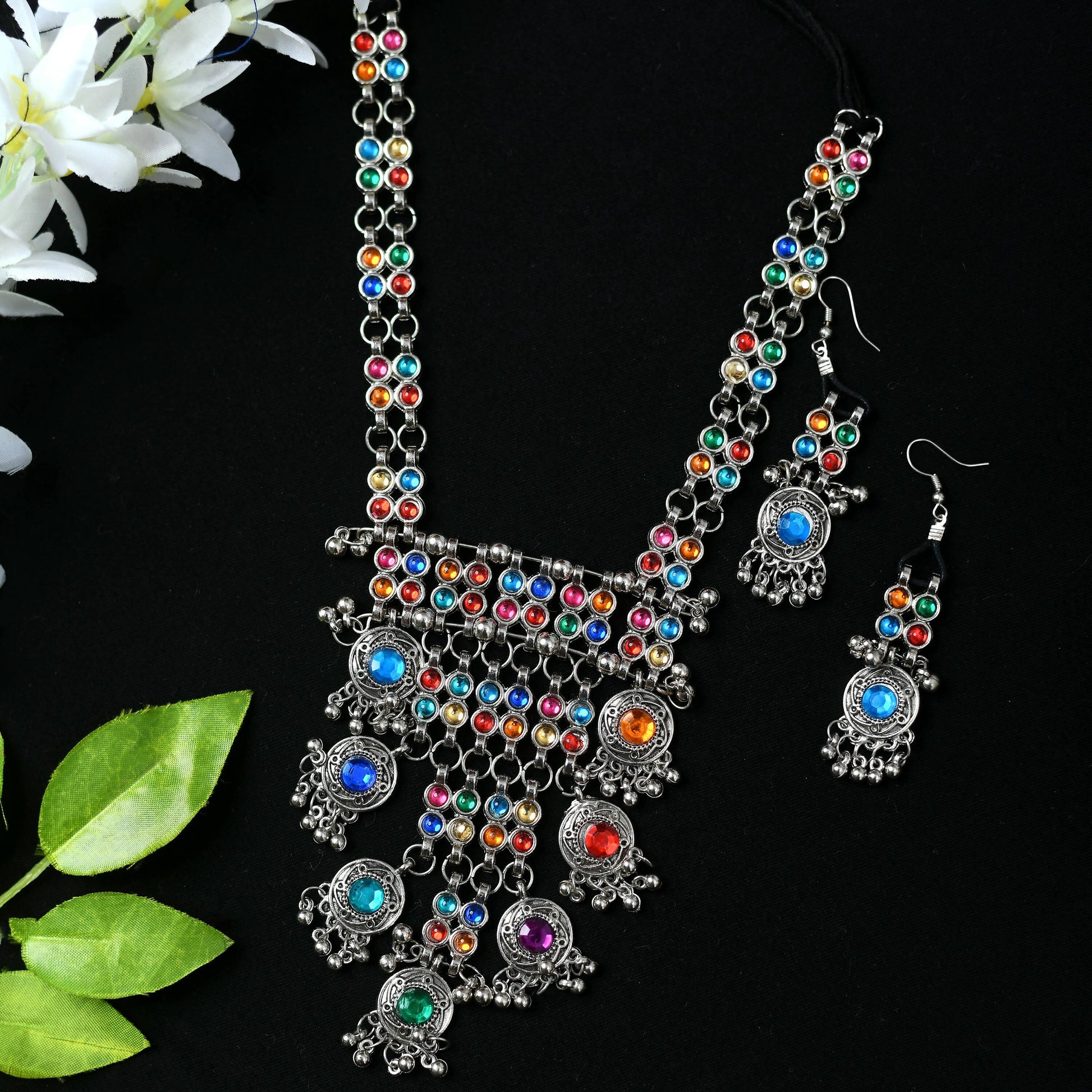 Mominos Fashion Johar Kamal Oxidised Silver-Plated Brass Finish Multi Kundan Afghani Long Necklace For Women | Swadesiicart