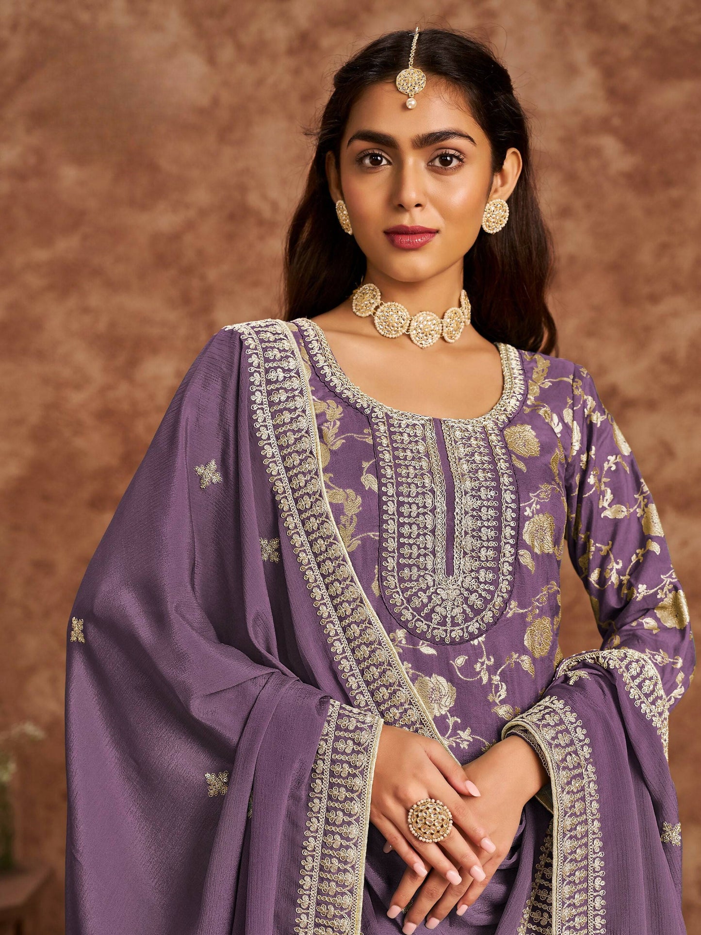 Anaita Purple Premium Dolla Jacquard Embroidered Stitched Salwar Suit