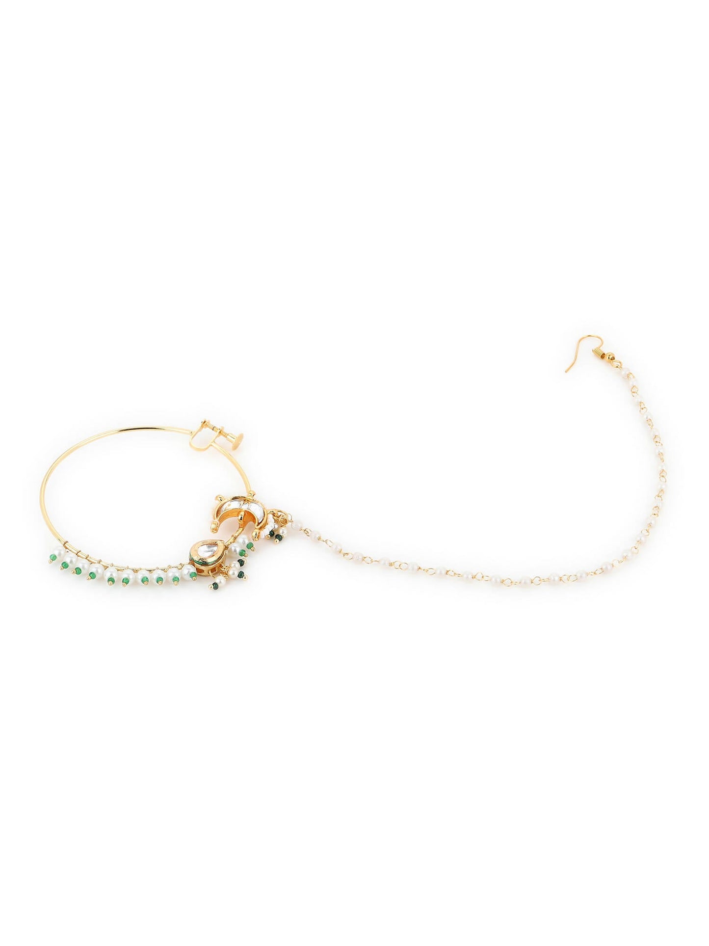 Gold-Polished White Green Kundan-Studded Pearl Beaded Nosepin - Ruby Raang | Swadesiicart