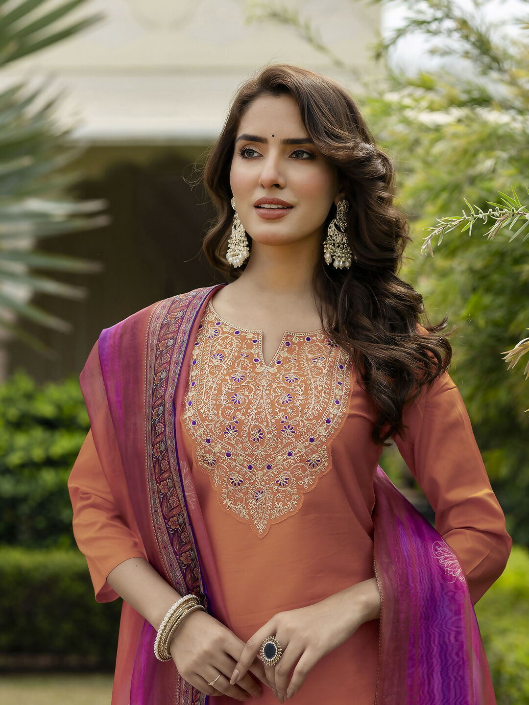 The52 Orange Women's Gorgeous Embroidered Rayon Fabric with Straight Kurta, Pant and Dupatta Set - Swadesiicart