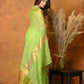 Very Much Indian Handloom Pure Cotton Linen Saree With Golden Border - Light Green | Swadesiicart