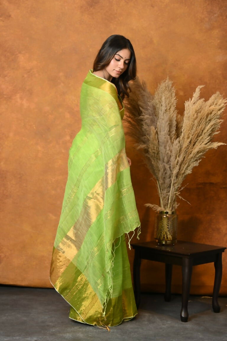 Very Much Indian Handloom Pure Cotton Linen Saree With Golden Border - Light Green | Swadesiicart