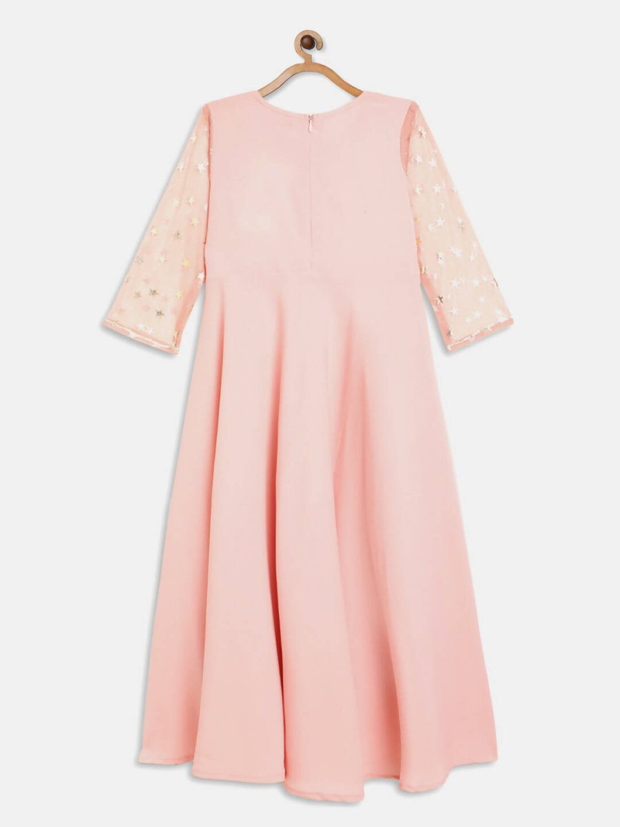 Ahalyaa Pink Crepe & Net Foil Print Kids Dress For Girls | Swadesiicart