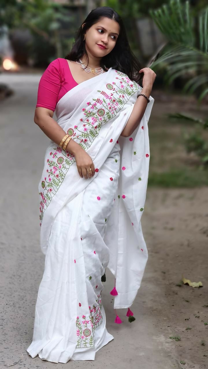 Exclusive Collection White Pure Cotton Handloom Embroidered Saree - Swadesiicart