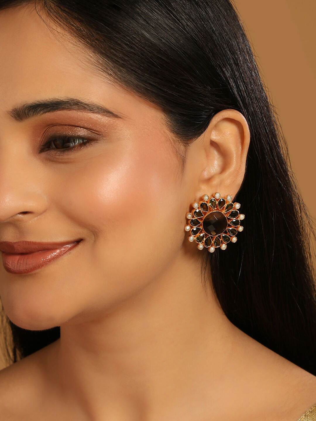 Nuyug 22K Gold Plated Faux Smoky Quartz & Crystal Studded Contemporary Floral Studs | Swadesiicart