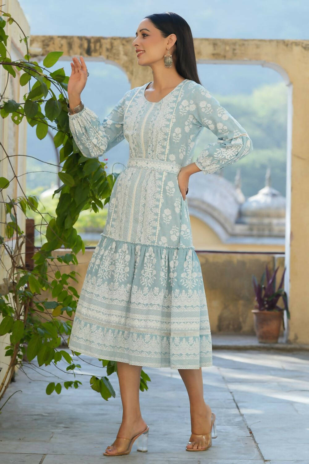 Juniper Women's Sky Blue Printed Flared Dress | Swadesiicart