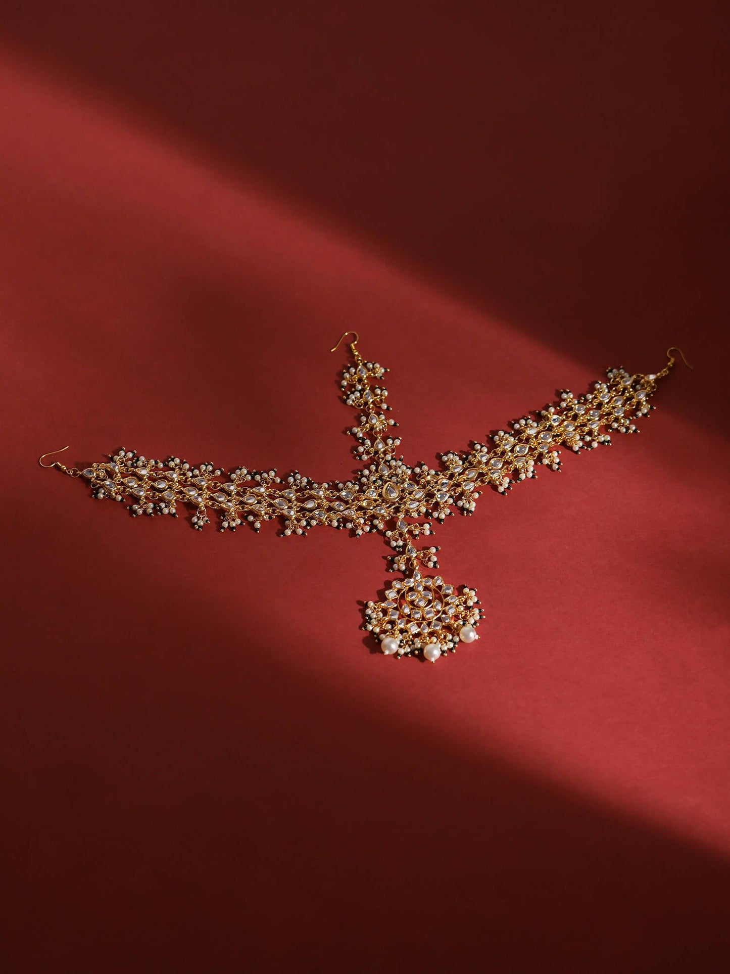 Gold-Polished White Green Kundan-Studded Pearl Beaded Matha Patti - Ruby Raang | Swadesiicart