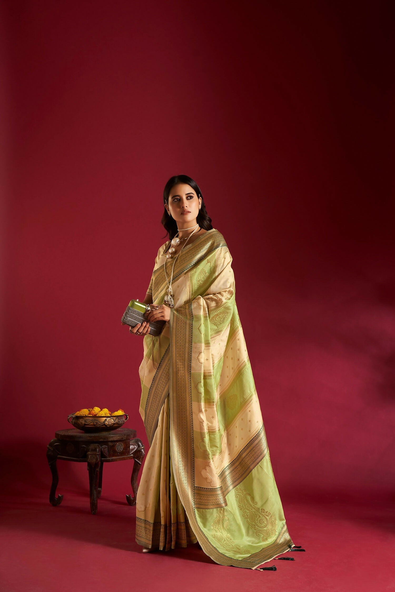 Joban Fashion Cream & Parrot Green Plain With Weaving Border Banarasi Silk Sarees | Swadesiicart