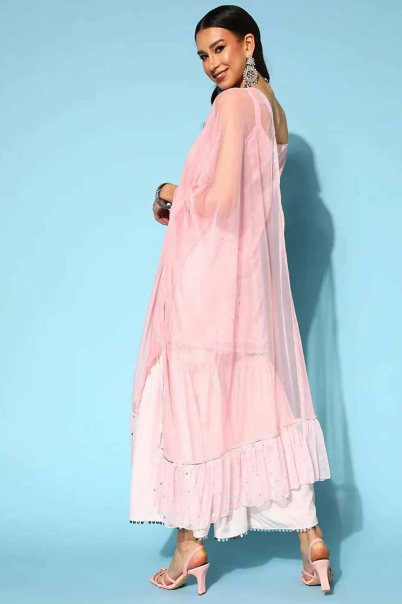 Ahalyaa Women Pink Colour Crepe Silver Foil Printed Kurta Sharara Set | Swadesiicart